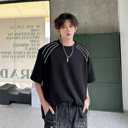 sanyamk  -  Men T-shirt Striped Shoulder Pad Short Sleeve Tee Fashion Oversized t-shirts for men Korean Style Hip Hop Clothes Black White