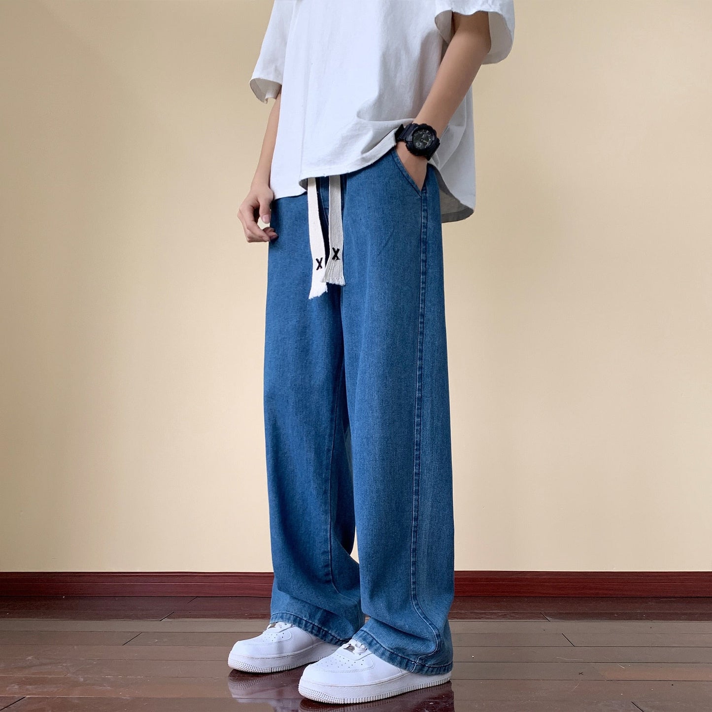 sanyamk Japanese Style Trend Y2k Baggy Straight Jeans Men's Summer New Wide Leg Solid Color Casual Denim Pants Male High Street Trousers