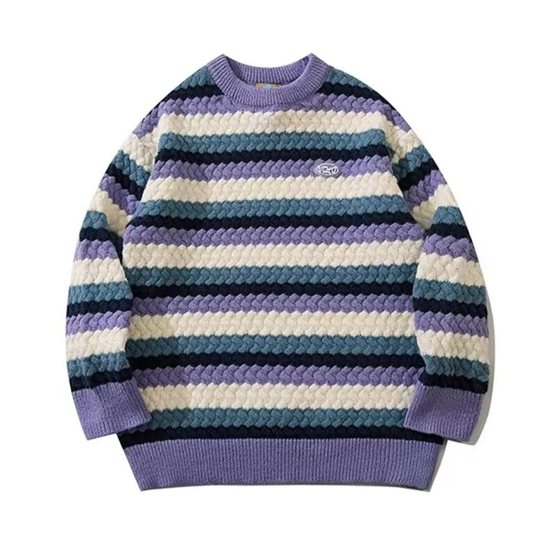 sanyamk Rainbow Twist Striped Sweater Men Women Teen Vintage Autumn Winter New Round Neck Couple Knit Sweater Trend