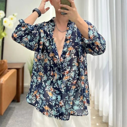 Bonsir Fashion Floral Shirt Summer New Thin See Through Shirts Outerwear Luxury Mens Clothing LGBT Casual Blouse Trendy Streetwear