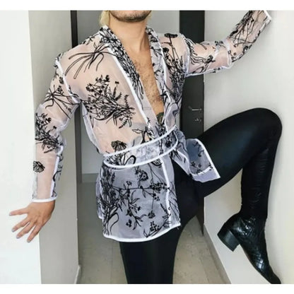 sanyamk Mens Lace Mesh Shirts Role Play Cos Men's Lingerie Homewear