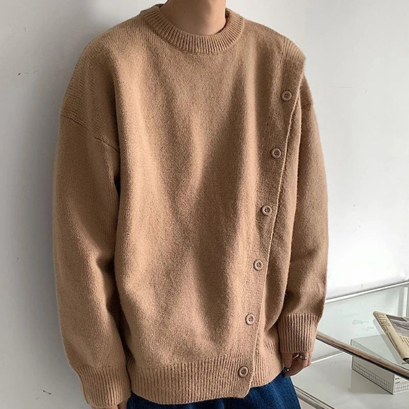 Bonsir Winter Solid O-neck Buttoned Slit Sweaters Couples Loose Casual High Street Pullovers Men Knitted Tops Male Clothes