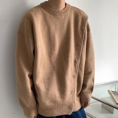 Bonsir Winter Solid O-neck Buttoned Slit Sweaters Couples Loose Casual High Street Pullovers Men Knitted Tops Male Clothes