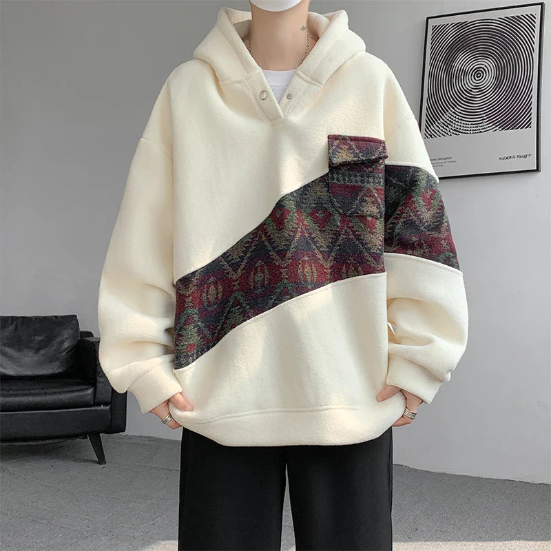 sanyamk  -  Korean Style Patchwork Men's Hoodie Contrast Color Pockets Casual Warm Male Fleece Sweatshirts  2024 Autumn Winter 9C8850