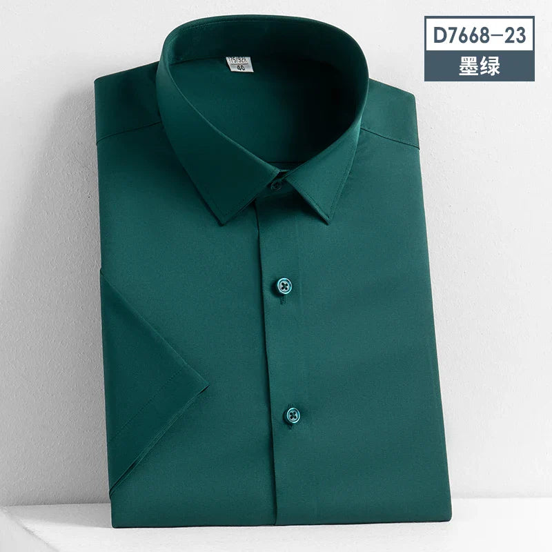 sanyamk  Summer Short Sleeve High Density Silky Material Solid  Elastic Business Men Dress Shirts No Pocket Stretch Clothes