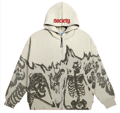 Bonsir Mens Black Streetwear Skull Hoodies Y2K Vintage Cardigan Skeleton Hoodie Men Oversized Zip Up Hooded Sweatshirt Tokyo Revengers