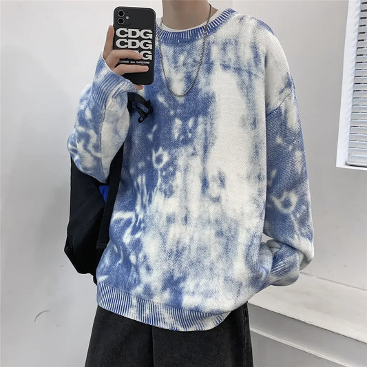 BONSIR   -  Autumn/Winter New Tie Dye Gradient Printing Sweater Men's Knitwear Loose Round Neck Large Men's Pullover