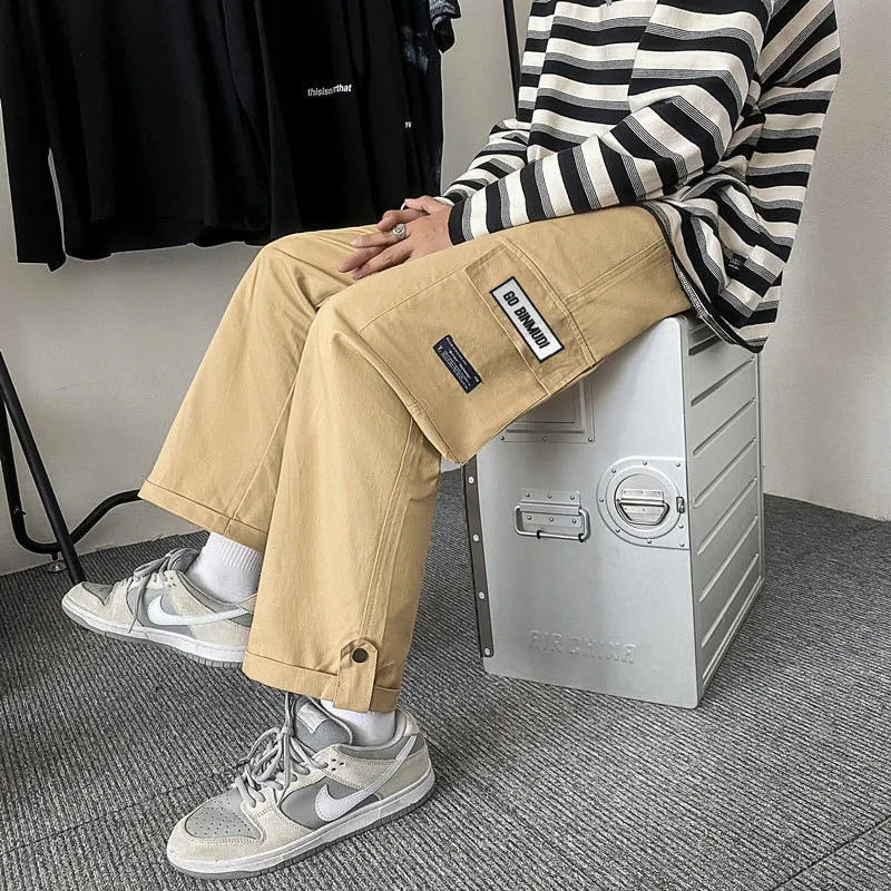 sanyamk Spring Autumn Casual Print Patchwork Cotton Wide Leg Pants Man Loose Y2k Pocket Hip Hop Cargo Straight Male Trousers Streetwear