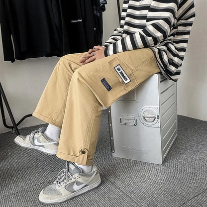 Bonsir Spring Autumn Casual Print Patchwork Cotton Wide Leg Pants Man Loose Y2k Pocket Hip Hop Cargo Straight Male Trousers Streetwear