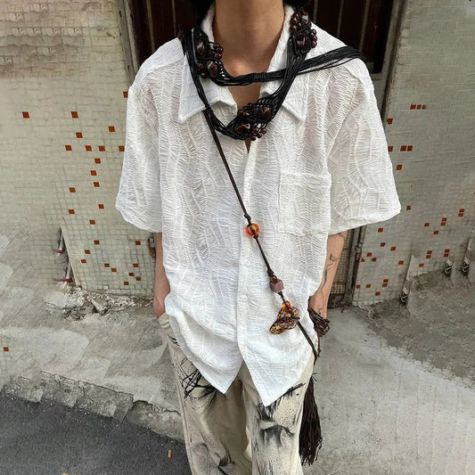 sanyamk Retro Pleated Short Sleeve Shirt Summer New Cuban Collar Jacquard Design Shirts Top Solid Button Neutral Blouse