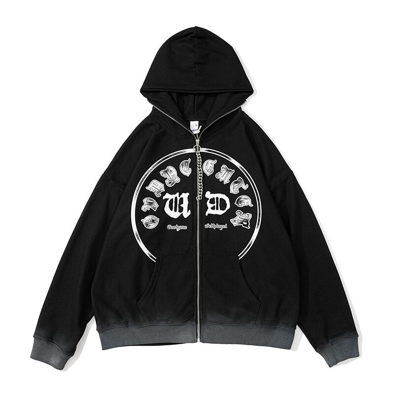 sanyamk Harajuku Distressed Retro Zipper Hooded Jackets Men and Women Front Pocket High Street Loose Casual Oversized Cardigan Hoodies