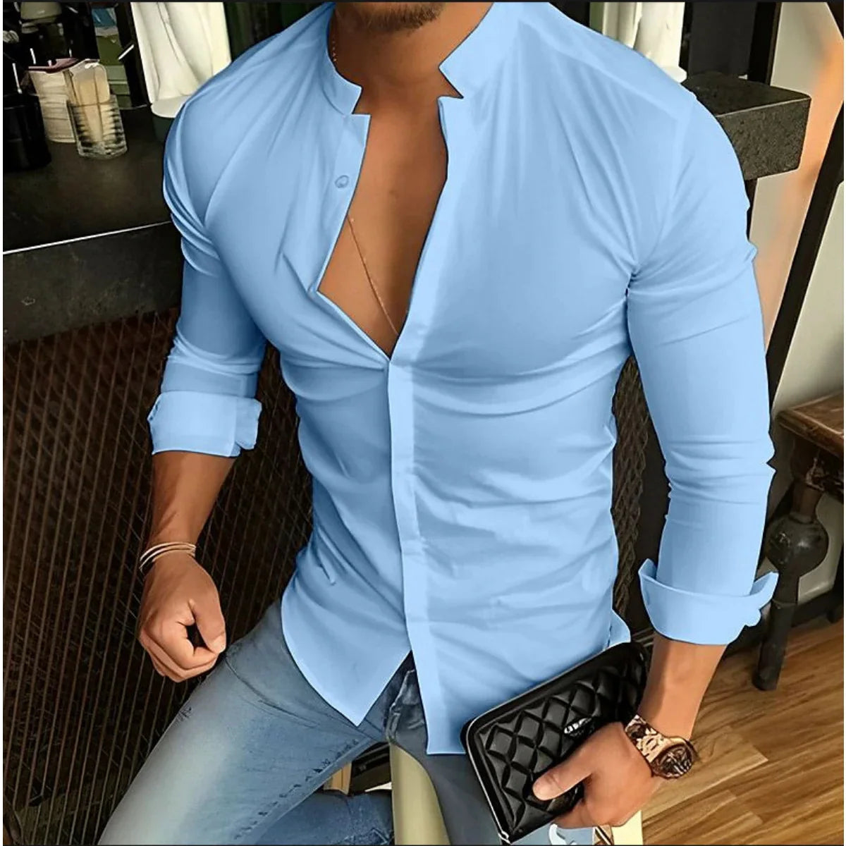 Bonsir Bababuy Men's Long Sleeve Shirts Casual Streetwear Stand Collar Shirts Solid Color Tops