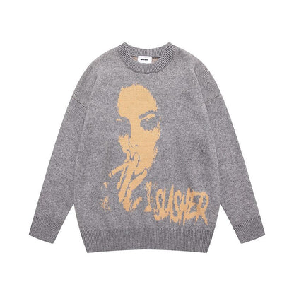 sanyamk Women Character Letter Print Crew Neck Autumn and Winter Pullover Sweaters Mens High Street Solid Color Retro Oversized Clothes