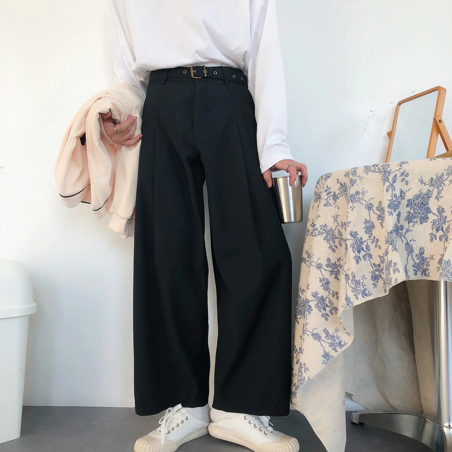 sanyamk -  wear /men's vintage casual Wide Leg Pants with belt for Male Autumn tide new Loose all-match Pants 2Y272