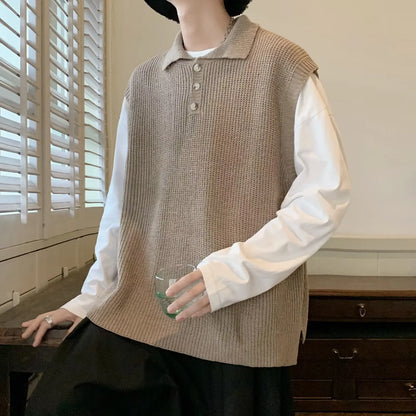 Bonsir Turn-down Collar Sweater Vest Men Loose Japanese Style Retro Hipster Simple All-match Sleeveless Streetwear Handsome Leisure