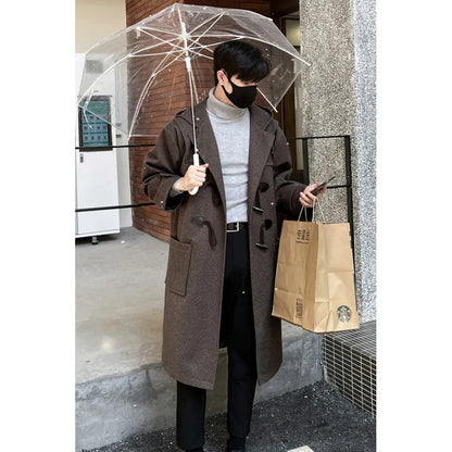 sanyamk Korean-style Woolen Trench Men Horn Button Casual Long Windbreaker Winter Hooded Jacket Coats Fashion Trenchcoat