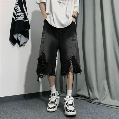 sanyamk New Style Ripped Denim Shorts Men's Clothing 2024 Summer Five-point Korean Casual Youth Straight Trousers Boutique Clothing