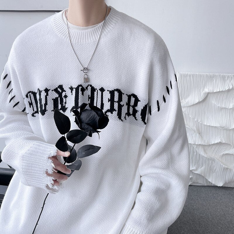 Bonsir High Street Ripped Men's Sweater Loose Fashion Brand Unisex Knitted Pullovers Round Neck Letter Autumn Knitwear