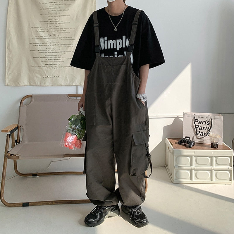 Bonsir Men Suspenders Jumpsuit Baggy Pants Summer Overalls Japanese Straps Casual Pockets Unisex Oversized Streetwear Male Y2K Clothes