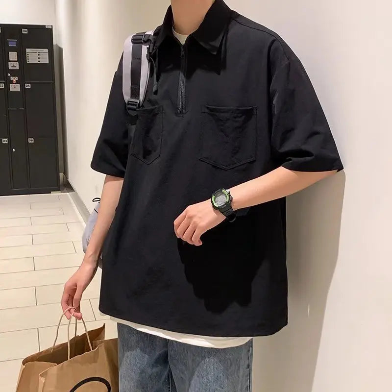 Bonsir T-Shirts Men Chic Simple All-match Turn-down Collar Baggy Casual Summer Korean Style High Street Males Tops Daily Fashion New