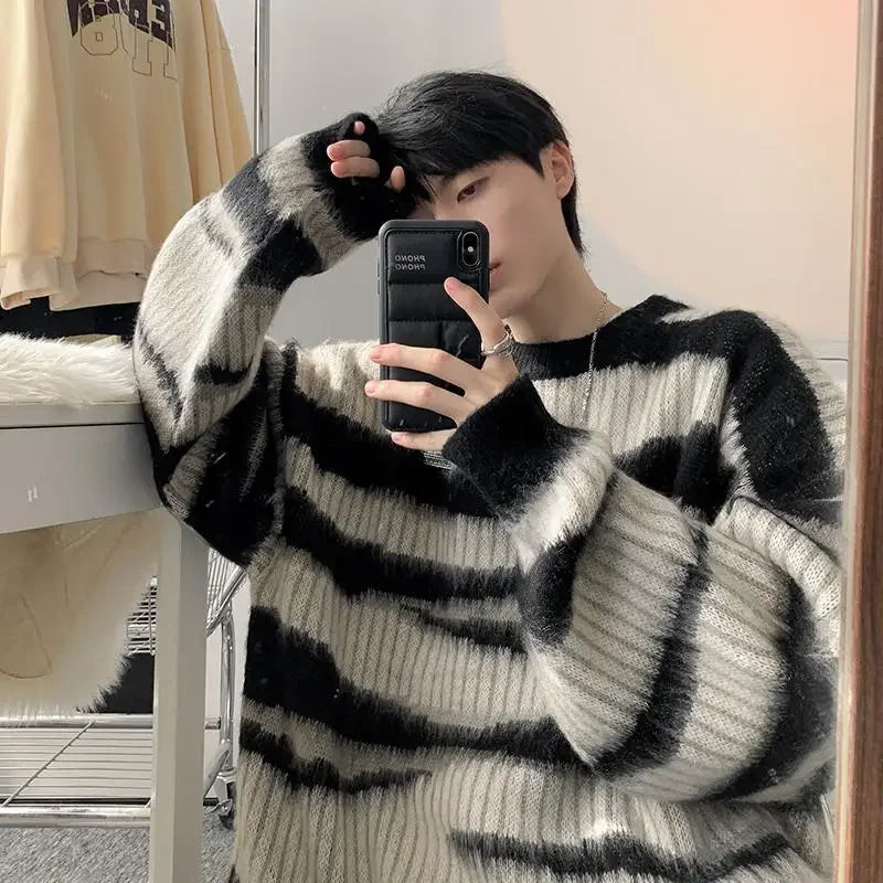 Bonsir Striped Sweaters Men Couple Popular Youthful Korean Style Panelled Slouchy O-neck Spring Autumn Teens Knitwear High Street Cozy