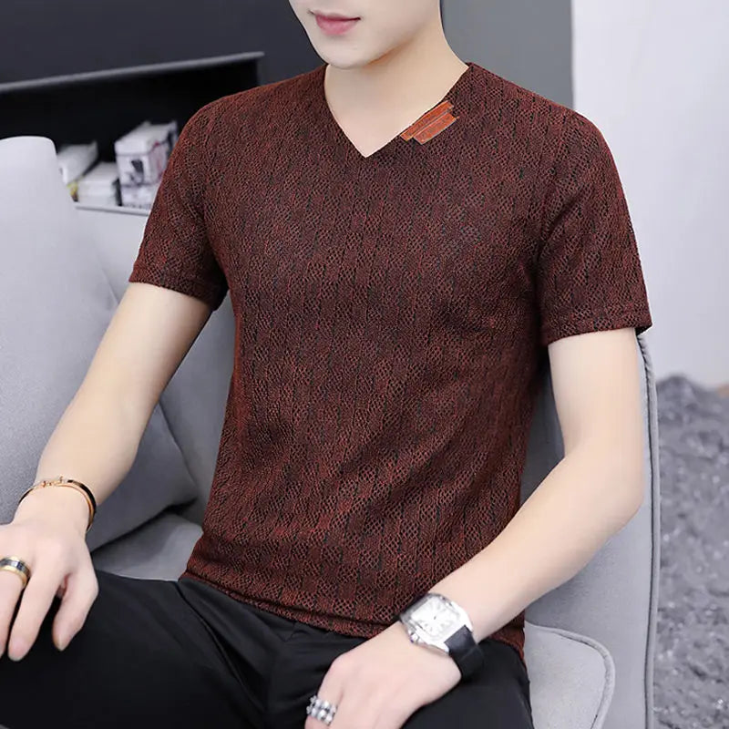 sanyamk Summer Fashion Casual Hollow Out T-shirts Man Short Sleeve Korean Style Tops All Match Pullover V Neck Oversized Male Clothes