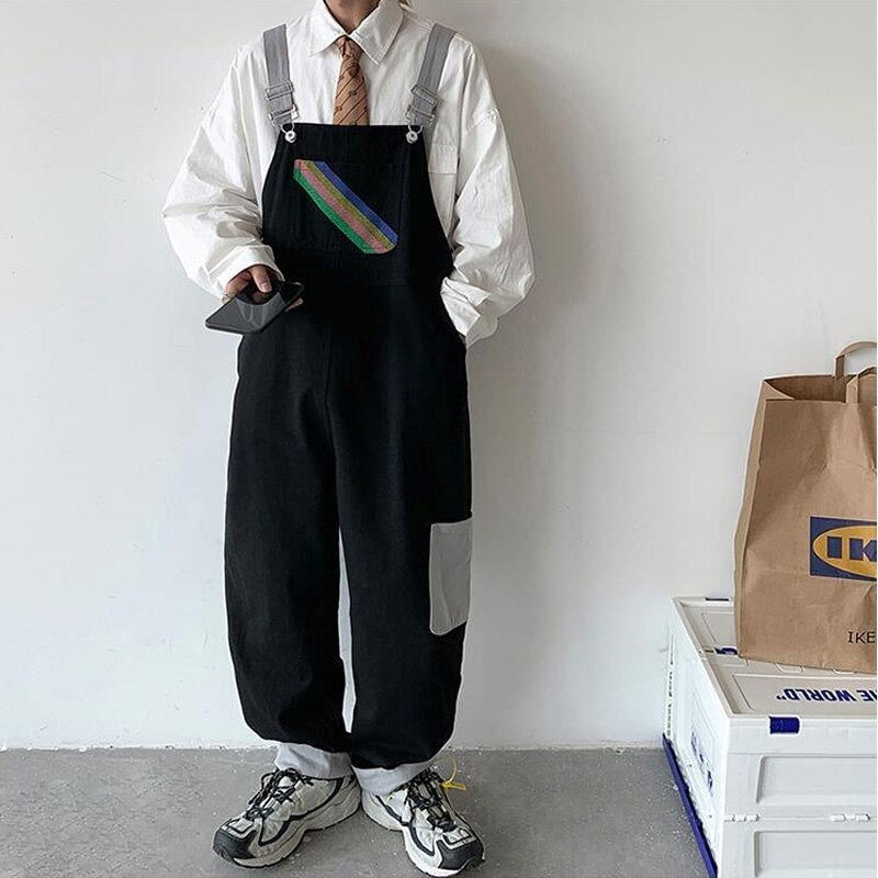 sanyamk Men Suspenders Jumpsuits Oversized Rainbow Printing Overalls Summer Straight Casual Pants Vintage Splicing Trousers Male Clothes