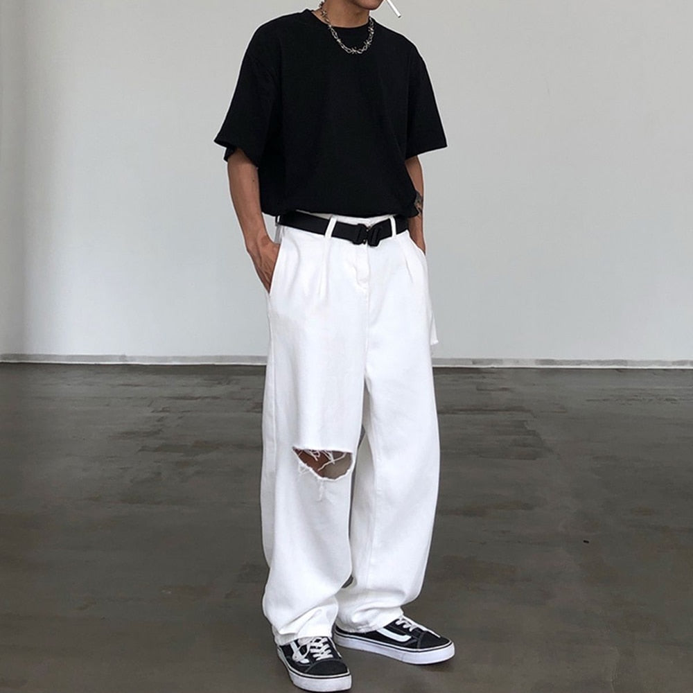 sanyamk Loose Jeans Men Fashion White Vintage Hole Trousers All-match Straight Ripped Pants Unisex Clothing Summer Y2k Streetwear Korean