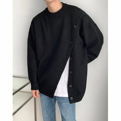 Bonsir Winter Solid O-neck Buttoned Slit Sweaters Couples Loose Casual High Street Pullovers Men Knitted Tops Male Clothes