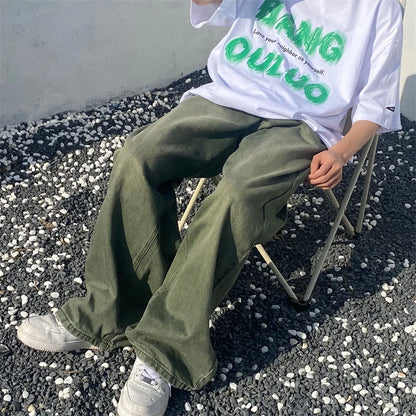 sanyamk Green Jeans Baggy Distressed Vintage Denim Trousers Male Wide Leg Pants Men Streetwear Retro Oversize Casual Hip Hop