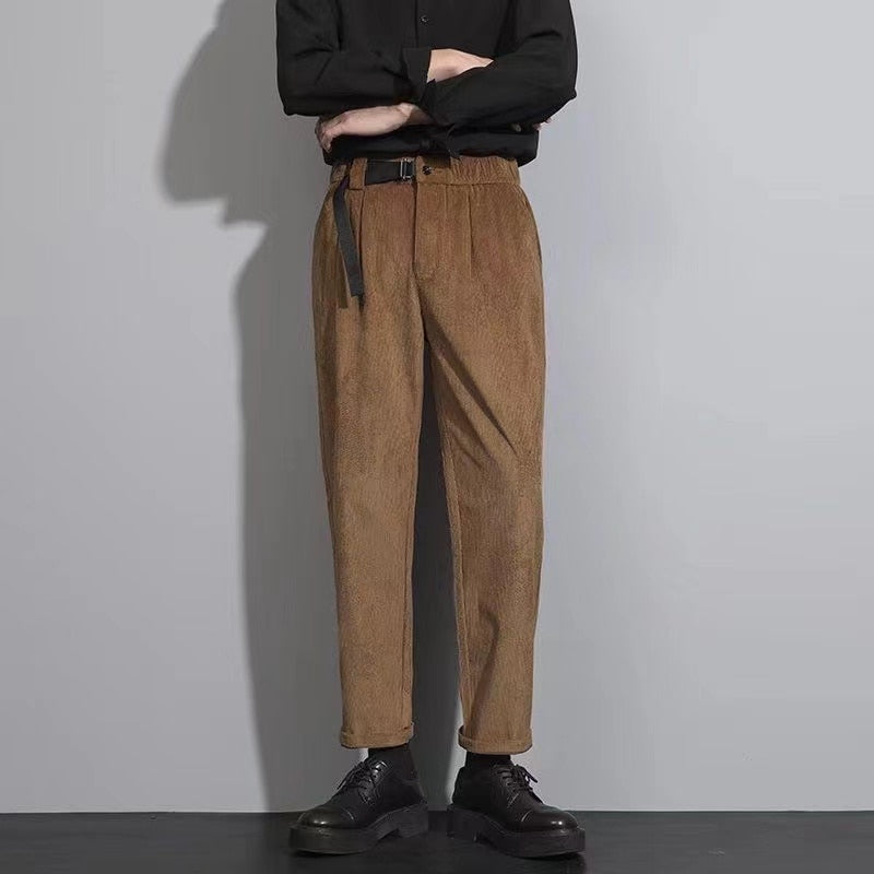 sanyamk Men's Corduroy Fabric Casual Pants Koreanfashion Trend Loose Straight Pants Belt One-piece High-quality Suit Pants 28-38