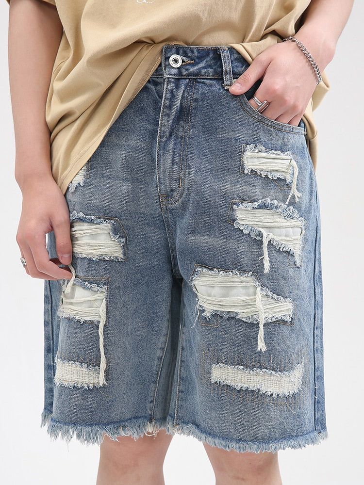 sanyamk Men's Shorts Wear Summer New Korean Fashion Loose Hole Burr Design Denim Casual Vintage Temperament Male T3930