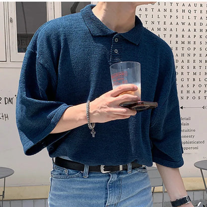 sanyamk  -  Knitted Tops Summer New Fashion Men's T-shirts Loose Casual Solid Color Turn-down Collar Short Sleeve Sweater 2024 9C6072