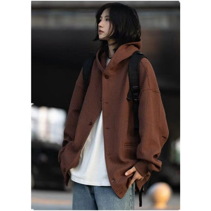 Bonsir Men Sweatshirt Waffle Korea Version Jacket Loose Cardigan Thickened Coat Ins Hip Hop Couple Streetwear Hooded Men Women Clothing