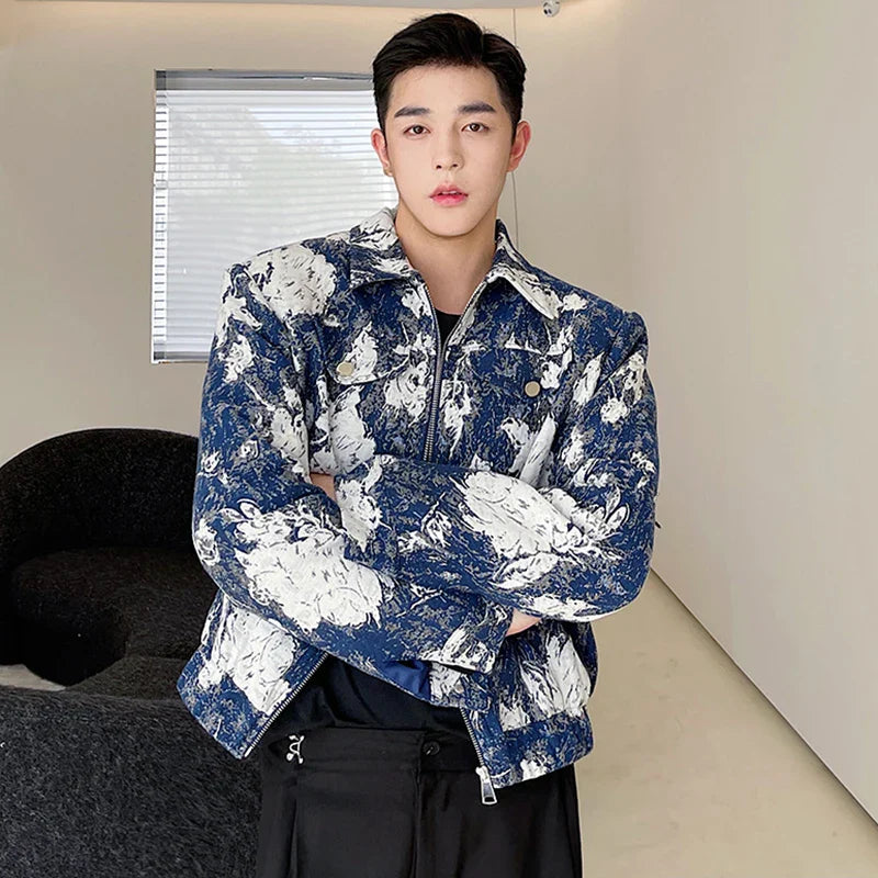 sanyamk Fashion Lapel Printed Elegant Casual Short Jacket Men's 2024 Spring Trendy High Quality Street Korean Luxury Coat