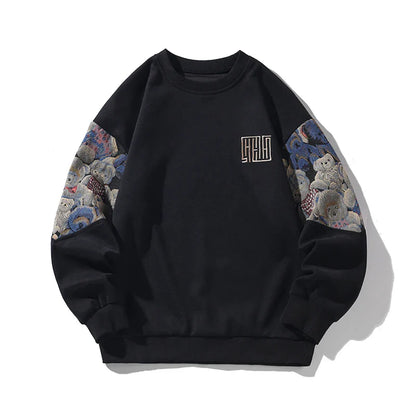 sanyamk  -  Autumn New Men's Sweatshirts Bear Parttern Patchwork Oversized Male Clothing Embroidery Design Round Neck Pullover Tops