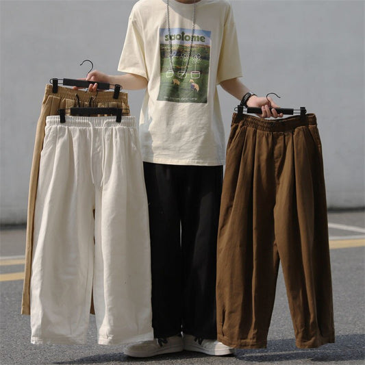 Bonsir Summer Cotton Casual Pants Men Fashion Oversized Wide Leg Pants Men Japanese Streetwear Loose Straight Pants Mens Trousers M-3XL