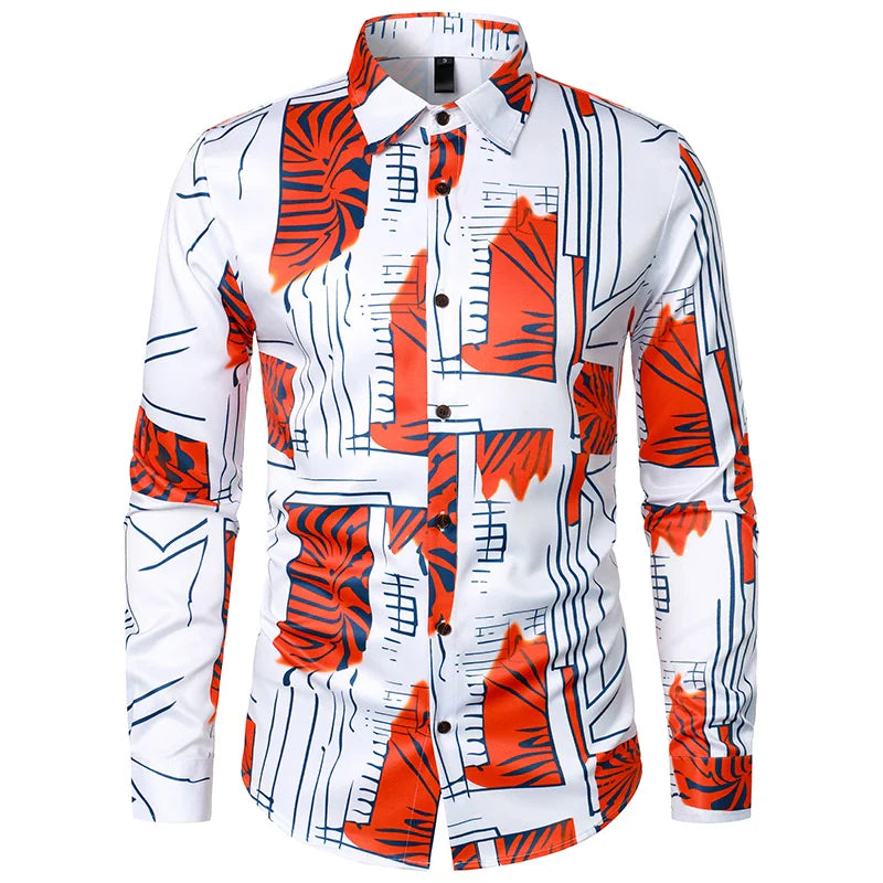 sanyamk Retro Casual Shirts for Men Fashion Print Hawaiian Shirt Men Four Seasons Often Wear Thin Section Long-sleeved Shirt