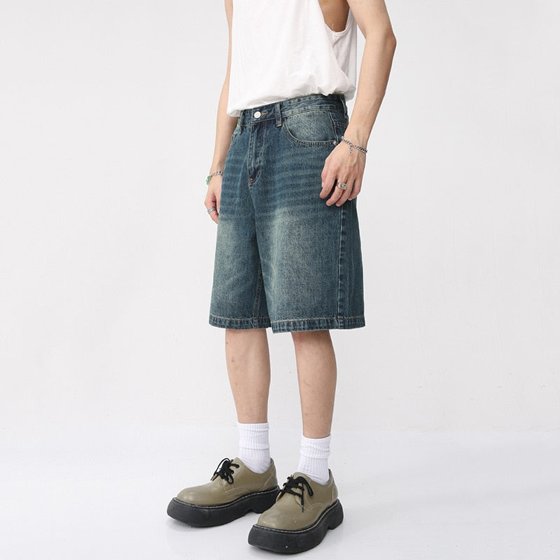 sanyamk Summer Denim Shorts Men's Loose Korean Style Retro Short Jeans Fashion Washed Casual Knee Length Pant New Streetwear