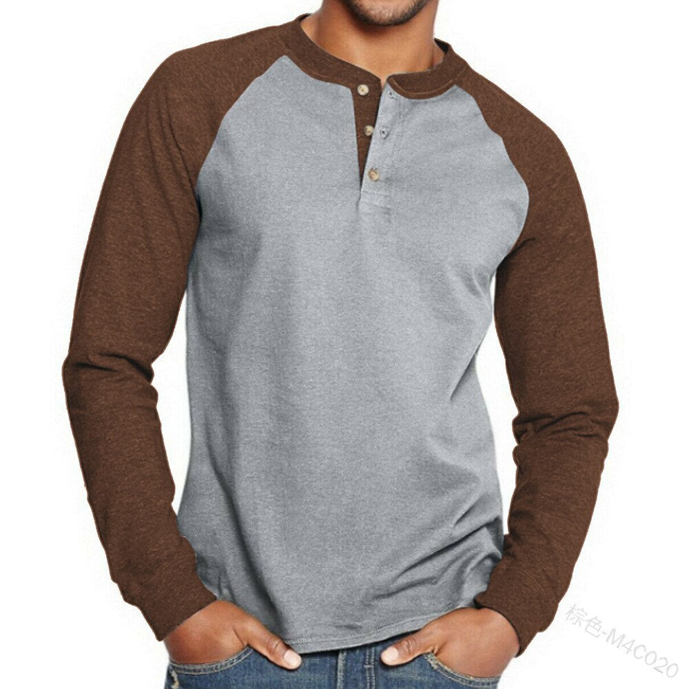 Bonsir Men's T-shirt Top Spring Autumn Fashion Solid Color Buttons Pullover T-shirt Women's Casual Long Sleeve Round Neck Loose T-shirt