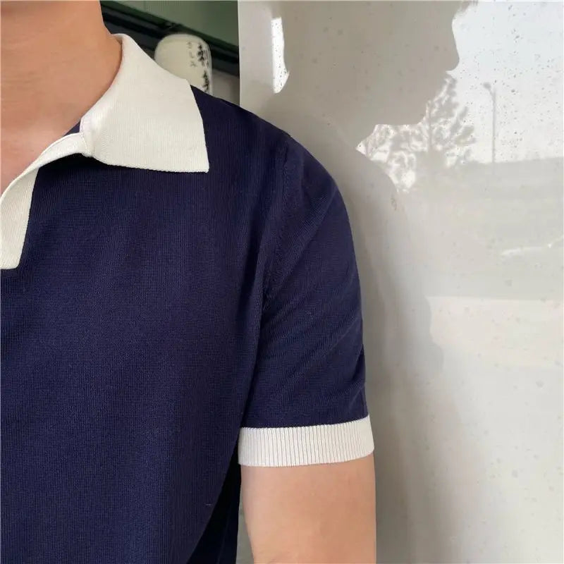 sanyamk Summer Lapel Breathable Short Sleeve Temperament Men's Clothing Slim Korean Version Solid Color Trend Knitted POLO Shirt