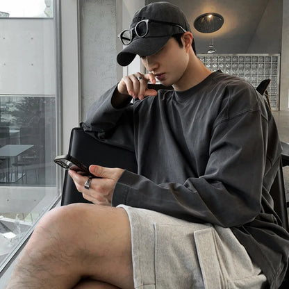 sanyamk  -  Solid Color Men's Tees Round Collae Long Sleeve Casual Menwear Pullover Korean Style Male T-shirts Simple New Autumn 9C7799