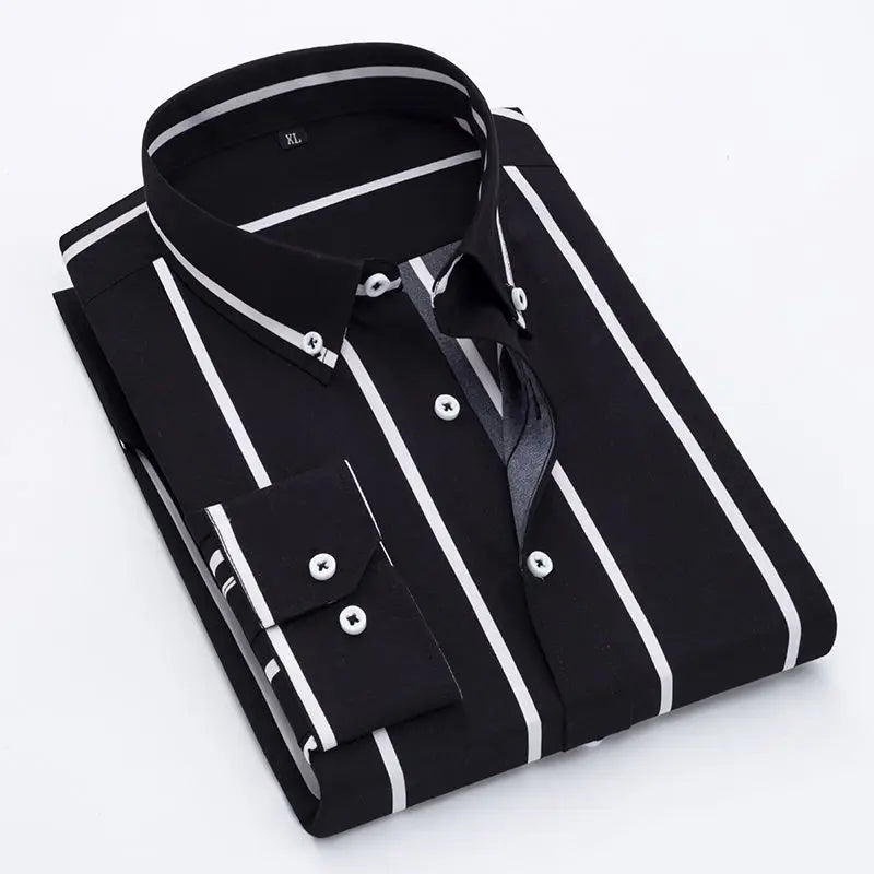 sanyamk New Spring and Autumn Long Sleeve Slim Fit Thin Casual Business Stripe Polo Collar Panel Button Pocket Oversize Men's Shirt