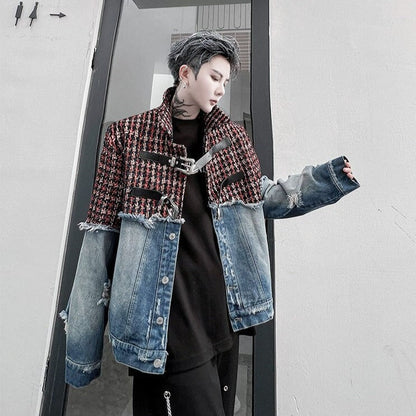 sanyamk Men Plaid Wool Denim Patchwork Streetwear Fashion Loose Casual Vintage Fashion Jacket Male Women Hip Hop Coat Outerwear