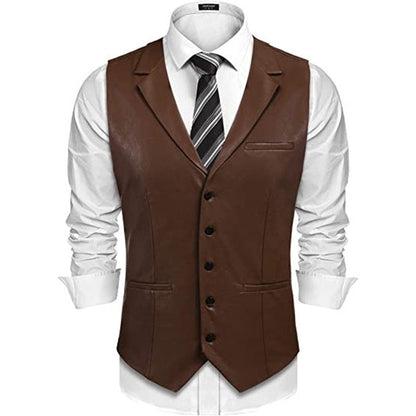 sanyamk Cowboy Leather Waistcoats Men Vintage Lapel Single Breasted PU Vest Coats Men's Clothing Fashion Button Sleeveless Jackets Fall