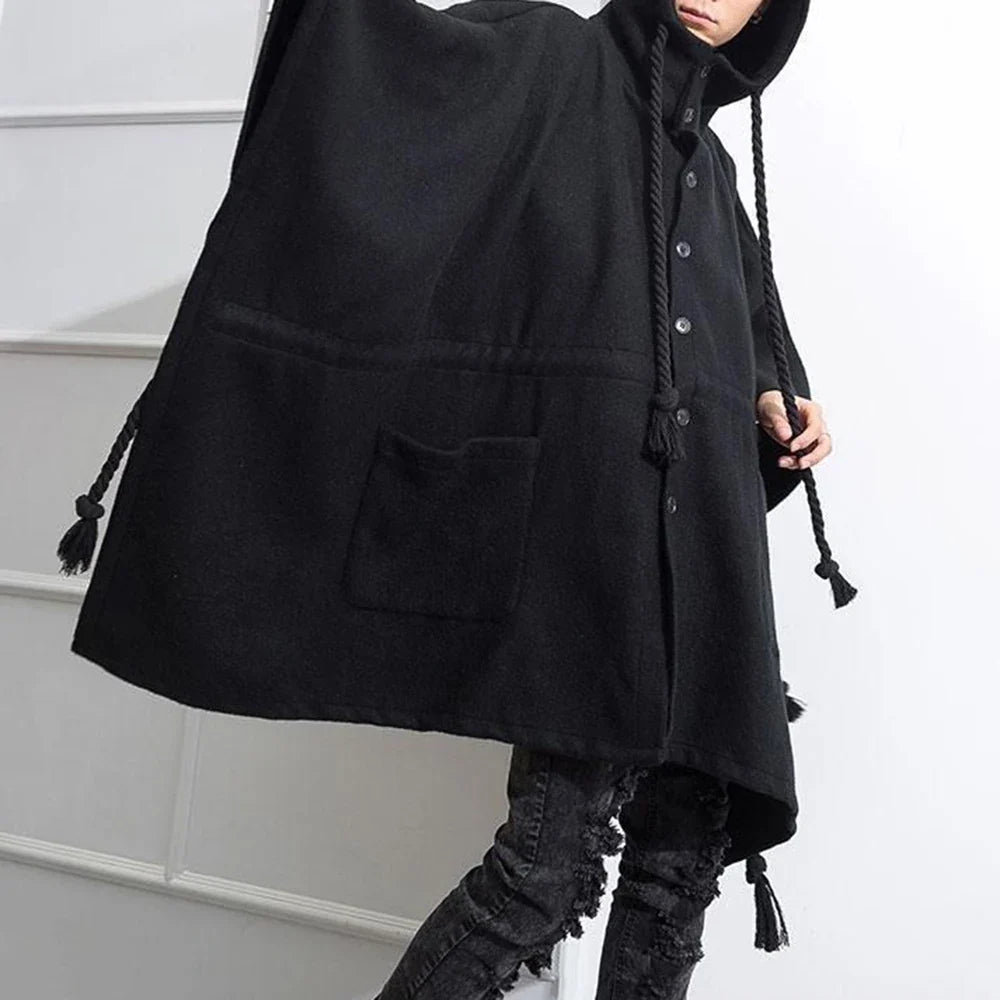 sanyamk Mens Dark Style Mid-Length Casual Hooded Cape Autumn And Winter Genderless Fashion Retro Loose Solid Color Shawl Cape Unisex