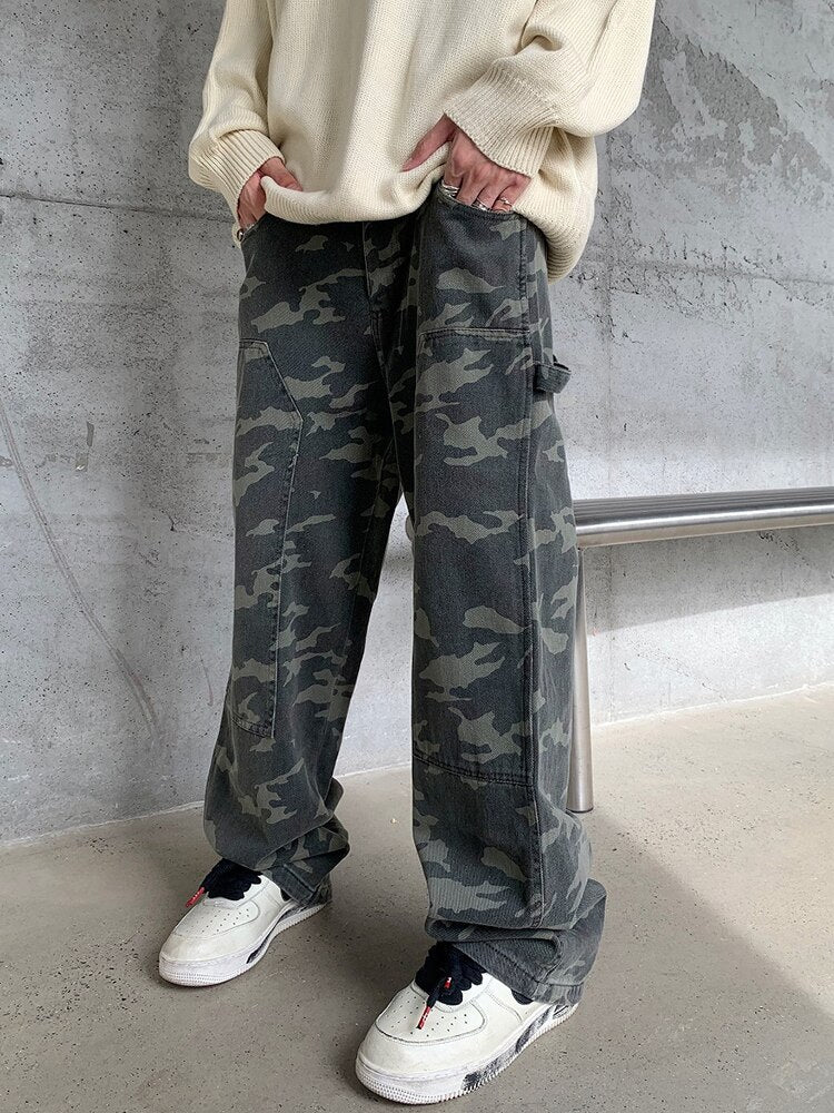 Bonsir Hip Hop Spliced Pockets Camouflage Autumn Casual Jeans Pants Men and Women Streetwear Baggy Straight Oversize Denim Trousers