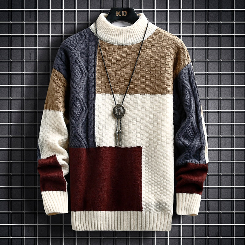 Bonsir  autumn and winter new sweater warm fashion stitching color matching pullover round neck sweater thickened knitted sweater