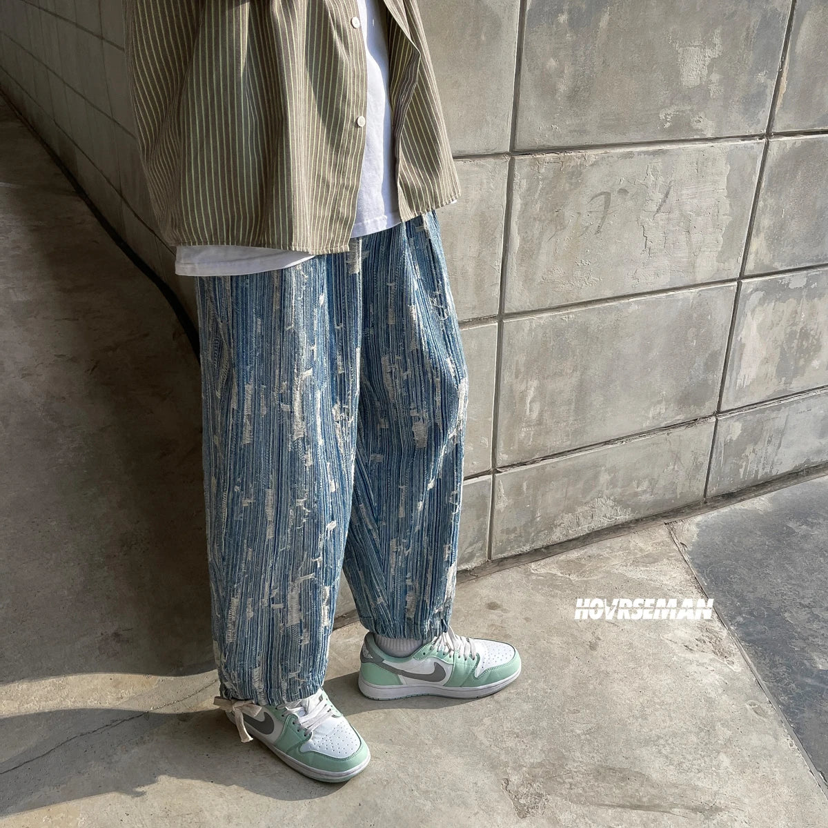 sanyamk  -  Light Blue Jacquard Jeans Men Spring New Street Handsome Loose Pants Men Elastic Waist Straight Vintage Denim Pants