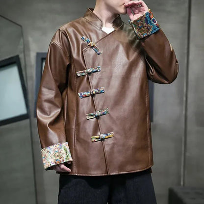 sanyamk Mens Chinese Style Loose Casual Leather Jacket Autumn Winter Genderless Fashion Retro Splicing Cheongsam Button Leather Jacket